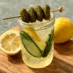 pickle lemonade served with lemon slices and dill garnish