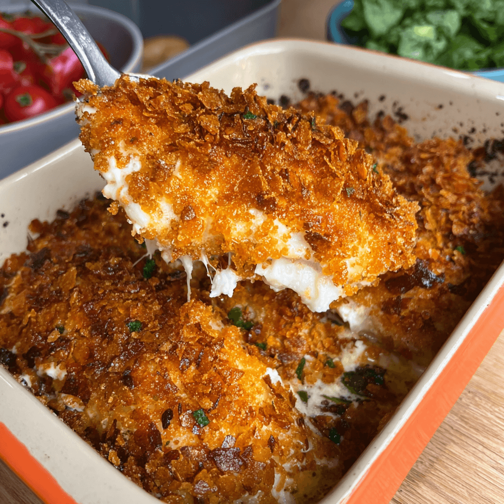 Chicken cheez baked in a white dish topped with Cheez-Its