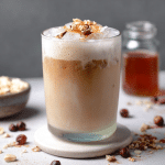 hazelnut latte in ceramic mug with coffee beans