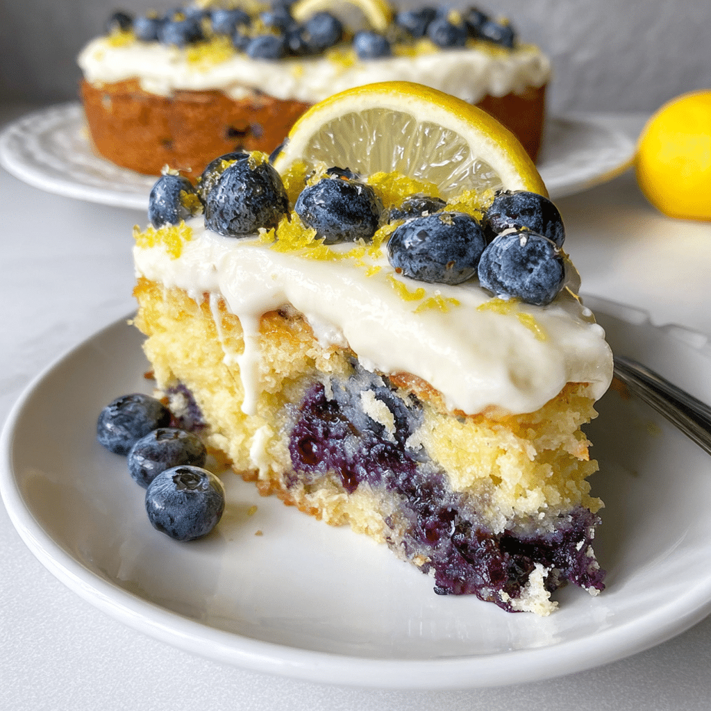 Slice of sugar free lemon blueberry pudding cake served on plate