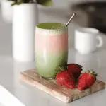 Strawberry Matcha Latte in clear glass