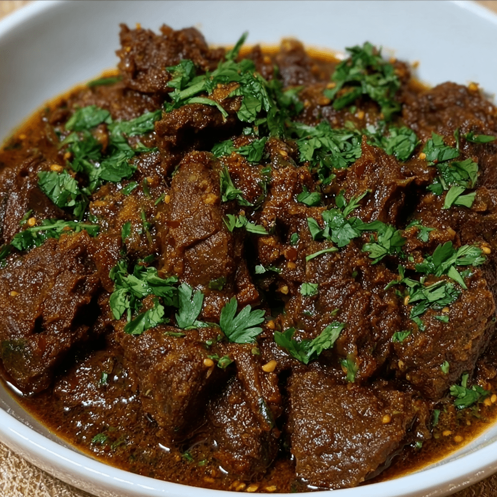 Burmese marinated beef curry with thick spicy gravy and fresh coriander