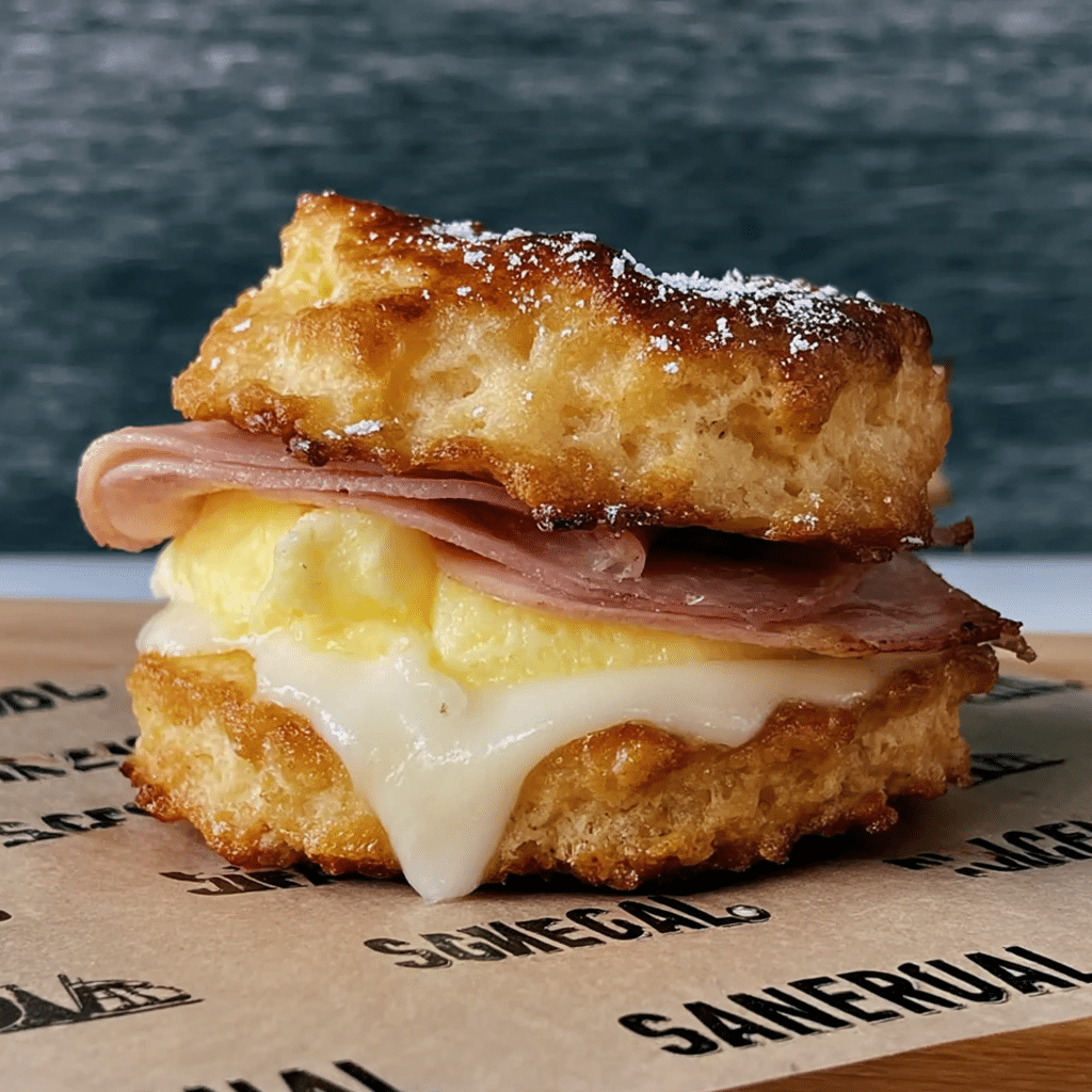 Hamptons soufflé-egg biscuit sandwich with fluffy eggs, ham, and melted cheese