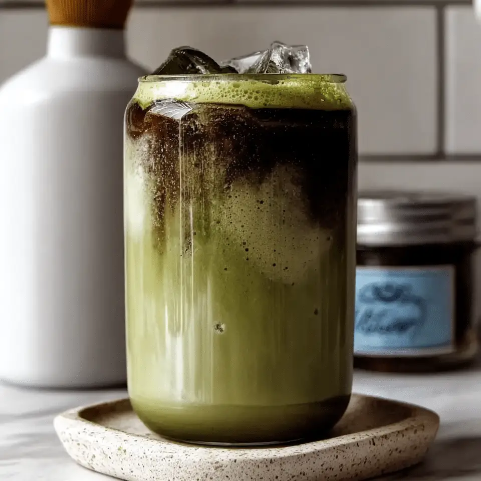 Dirty Matcha Latte Recipe: Bold, Creamy, and Perfectly Energizing 2 Layered dirty matcha latte with espresso and matcha over ice