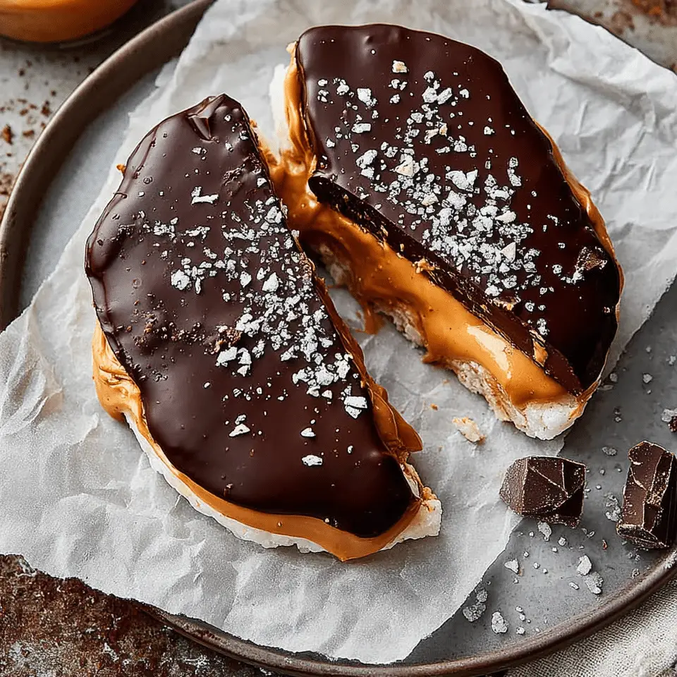 Giant Peanut Butter Rice Cake: Easy, Healthy, Viral Dessert Recipe 2 Giant Peanut Butter Rice Cake topped with dark chocolate and flaky sea salt on parchment paper