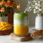 Refreshing mango matcha latte in a clear glass with layered green tea and mango pureeRefreshing mango matcha latte in a clear glass with layered green tea and mango puree