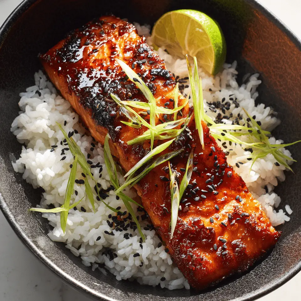 Miso-glazed salmon with coconut rice, scallions, and sesame seeds in a ceramic bowl