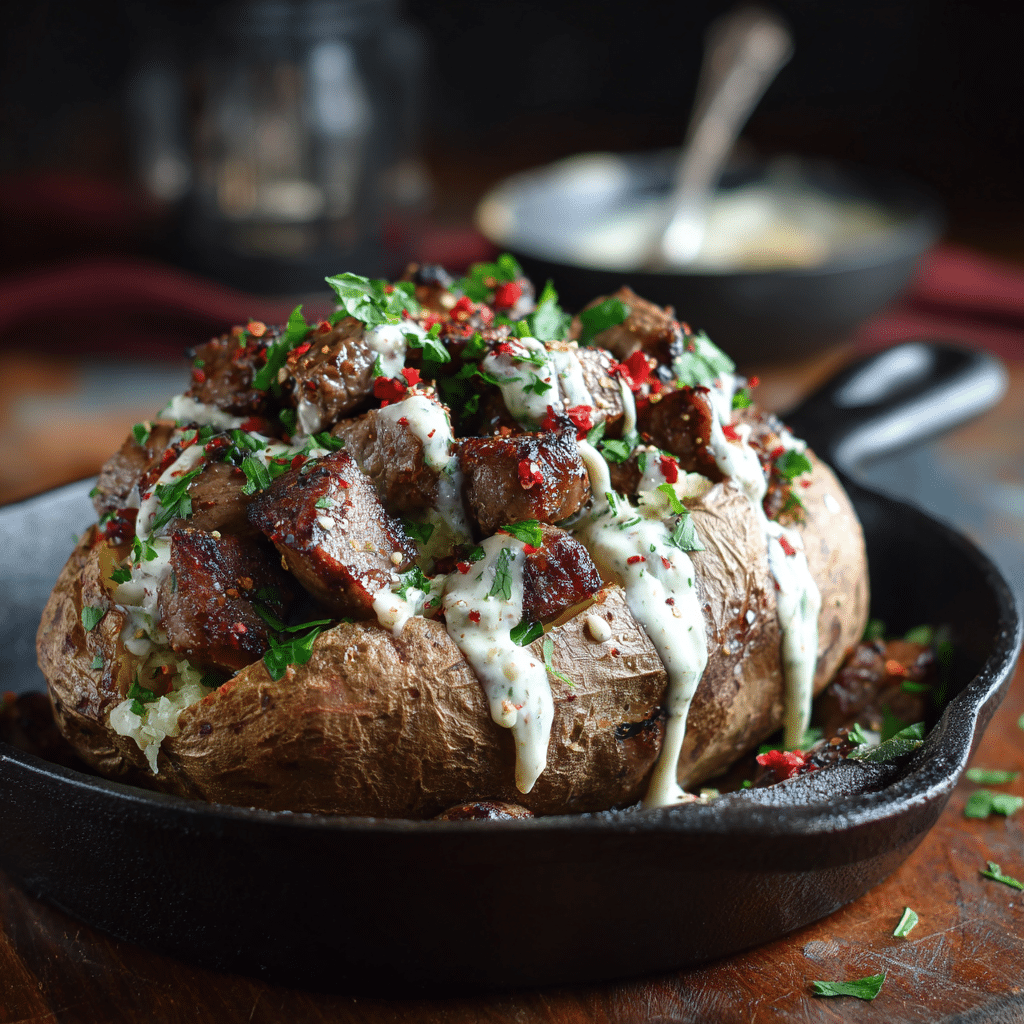 Steak and Baked Potato Loaded with Creamy Garlic Butter Steak Bites 18 Loaded steak and baked potato with creamy sauce on rustic table