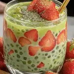 Strawberry matcha sago dessert with fresh strawberries and green matcha milk in a clear glass