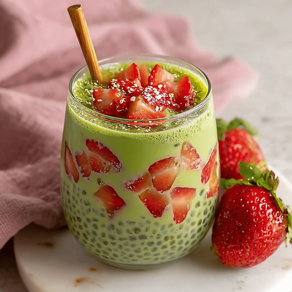 Strawberry Matcha Sago: Creamy, Fruity, and Chewy Dessert 19 Strawberry matcha sago with heart-shaped strawberries and chewy sago pearls