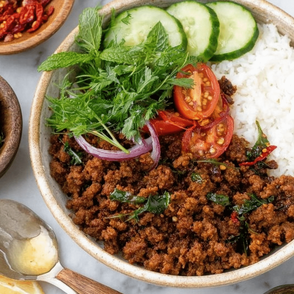 Minced Lamb with Warm Spices: Bold Mediterranean Flavor in 30 Minutes 22 Minced lamb with warm spices served in a rice bow