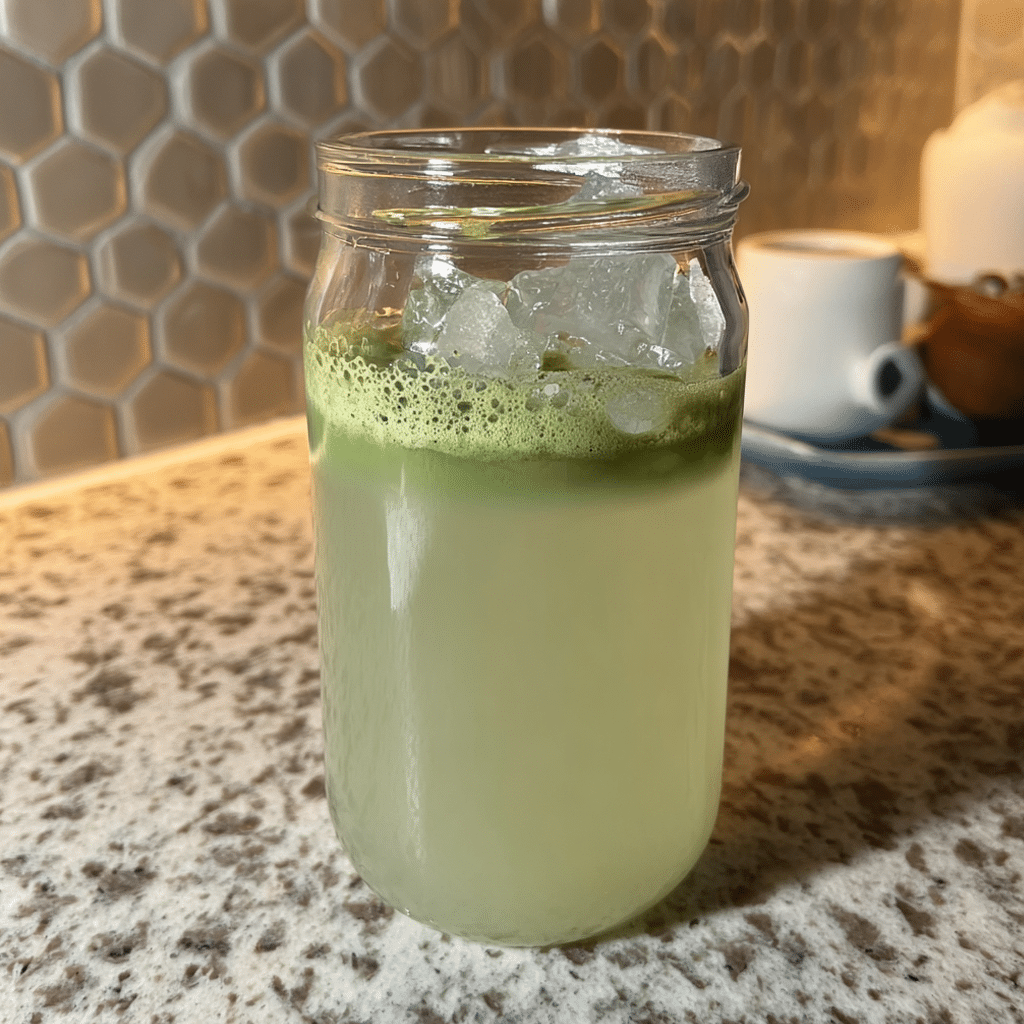 Coconut Cold-Foam Matcha: Better Than Starbucks & So Easy 15 Coconut cold-foam matcha in a clear glass with fluffy matcha foam and coconut water on a marble surface