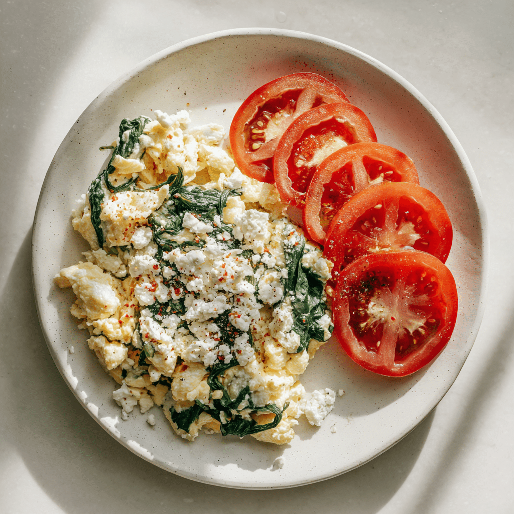 Egg White Scramble with Spinach and Feta: Quick, Healthy Greek Breakfast 17 Egg white scramble with spinach and feta on plate