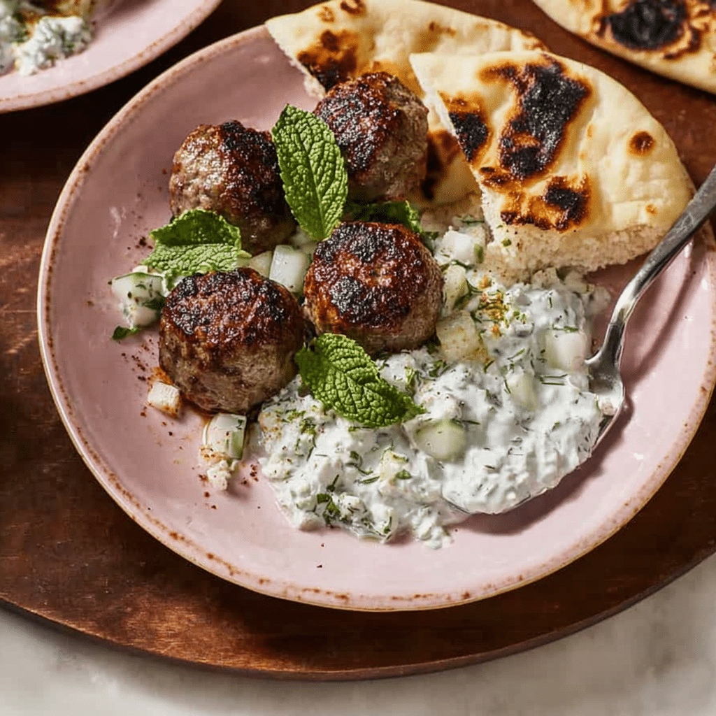 Greek Lamb Meatballs with Tzatziki: Bold Flavor in Every Bite 32 Greek lamb meatballs with tzatziki and pita on a pink plate