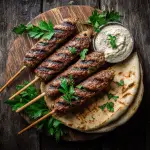 Grilled lamb kofta kebabs with pita and tahini