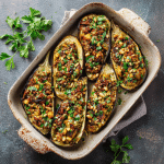 Stuffed eggplant with lamb and pine nuts baked and garnished