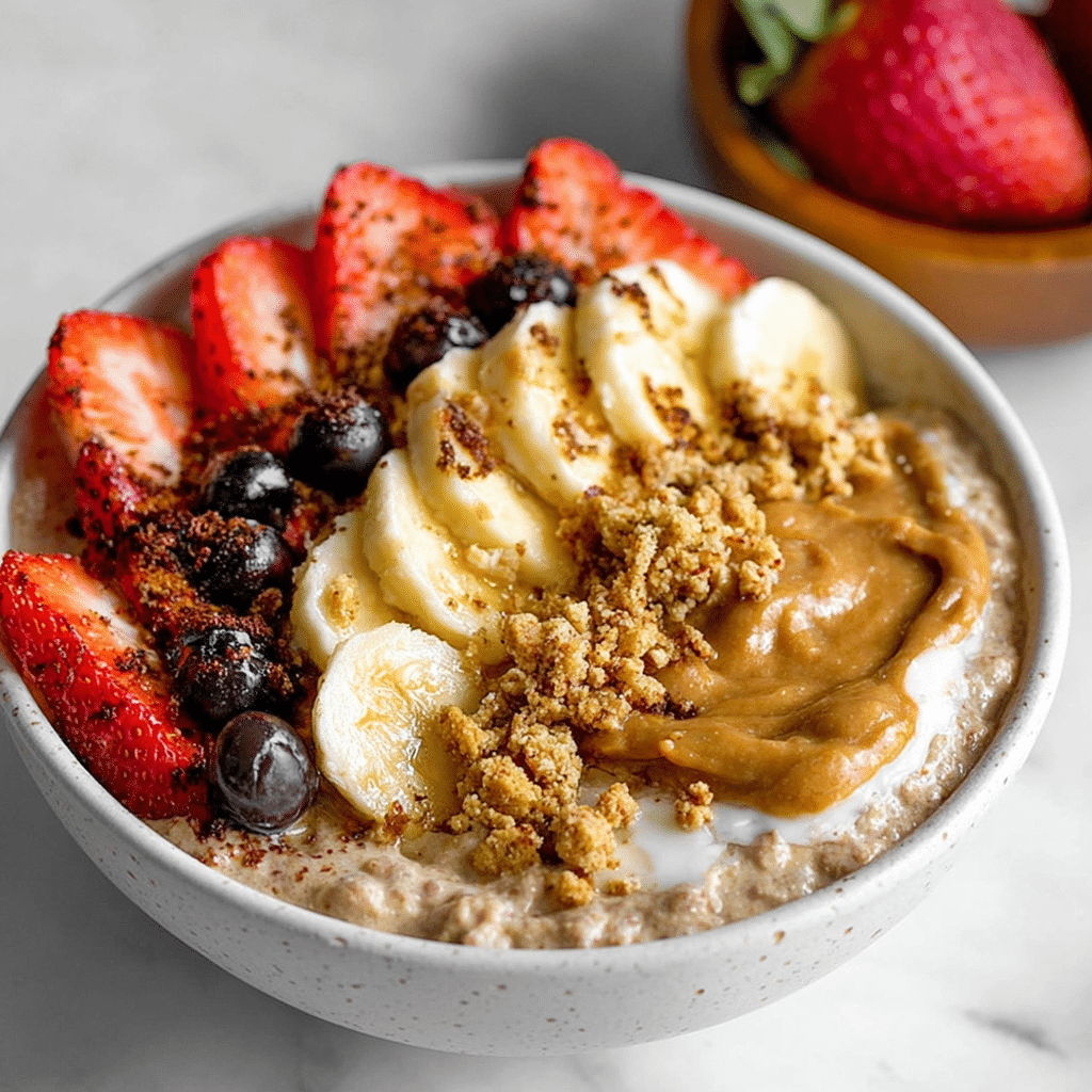 High Protein Yogurt Bowl: Quick & Healthy Breakfast in 5 Min 13 High protein yogurt bowl topped with banana, peanut butter, strawberries, blueberries, and granola.