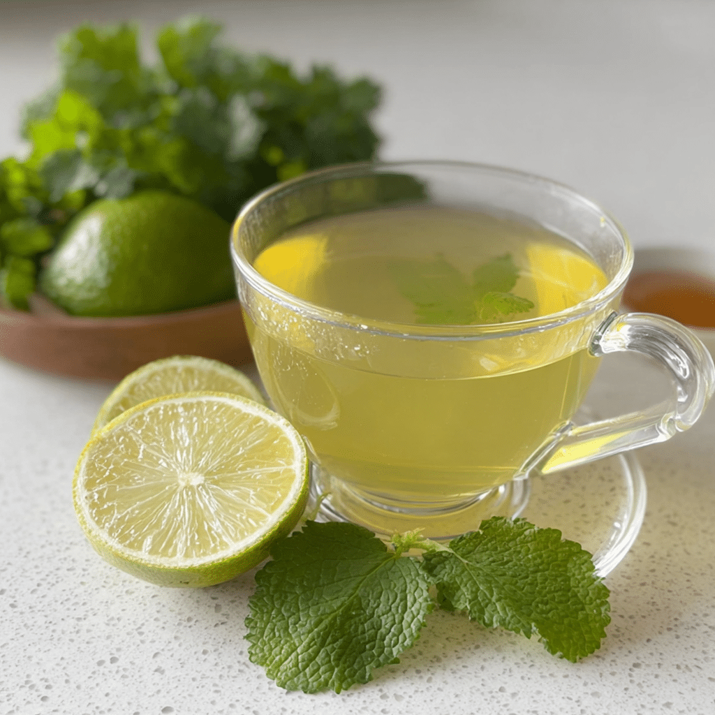 lemon balm drink for weight loss with lime and fresh lemon balm leaves