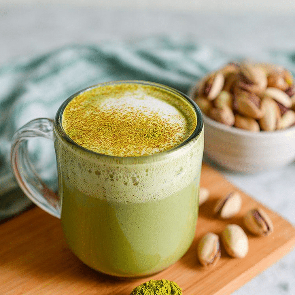 Matcha Pistachio Latte: Creamy, Energizing, and Irresistibly Smooth 13 Matcha Pistachio latte with creamy oat milk foam and ground pistachio topping