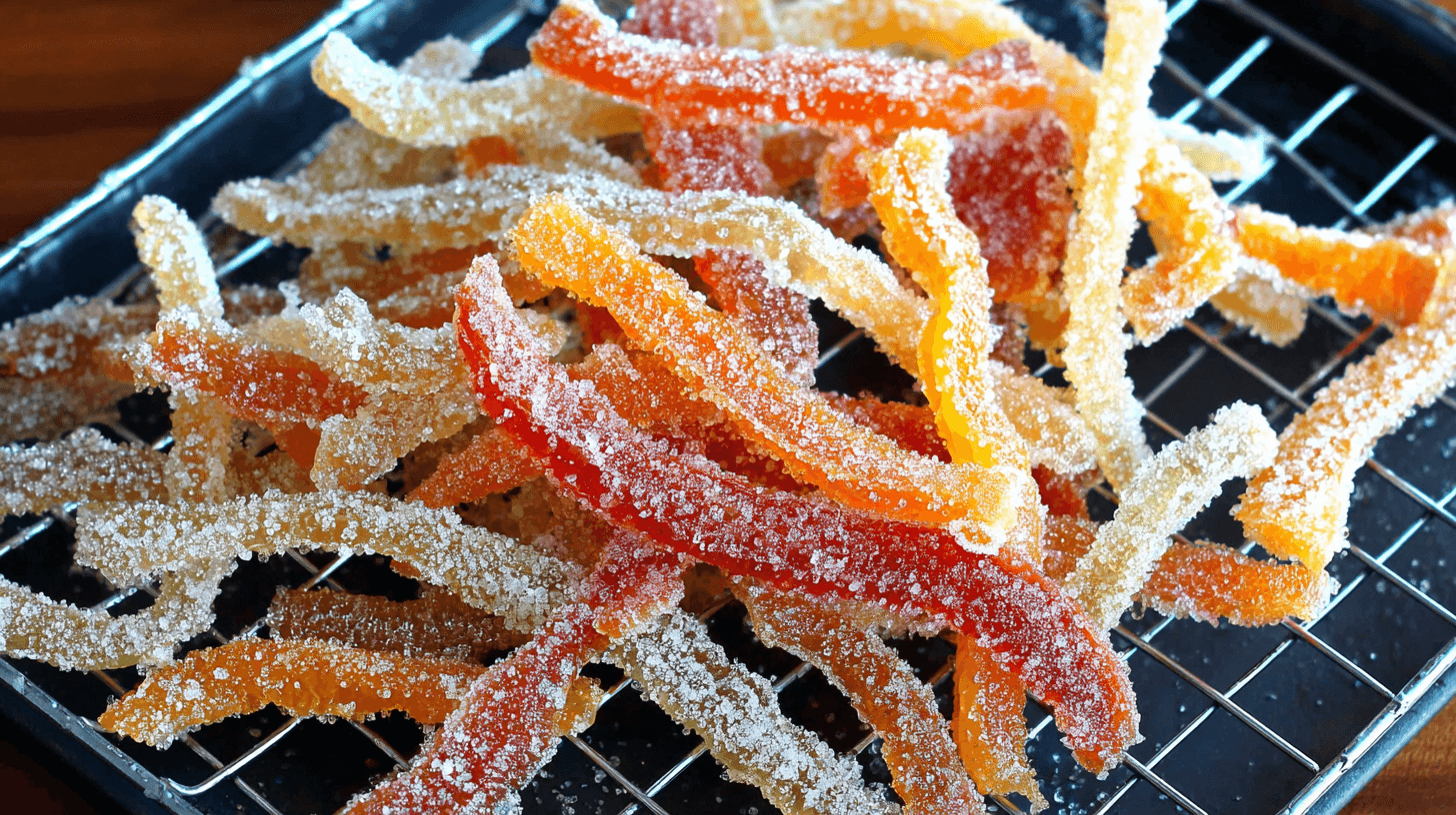 Candied Orange Peel Recipe: Easy Homemade Candy with Citrus Flavor 18 Sugar-coated candied orange peel recipe drying on rack