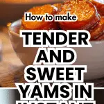 Close-up of glossy, sliced candied yams in a white bowl with steam rising, styled on a wooden table in warm, cozy lighting.