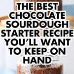Two jars of bubbly chocolate sourdough starter on wooden stands with bold text overlay and a soft kitchen background.