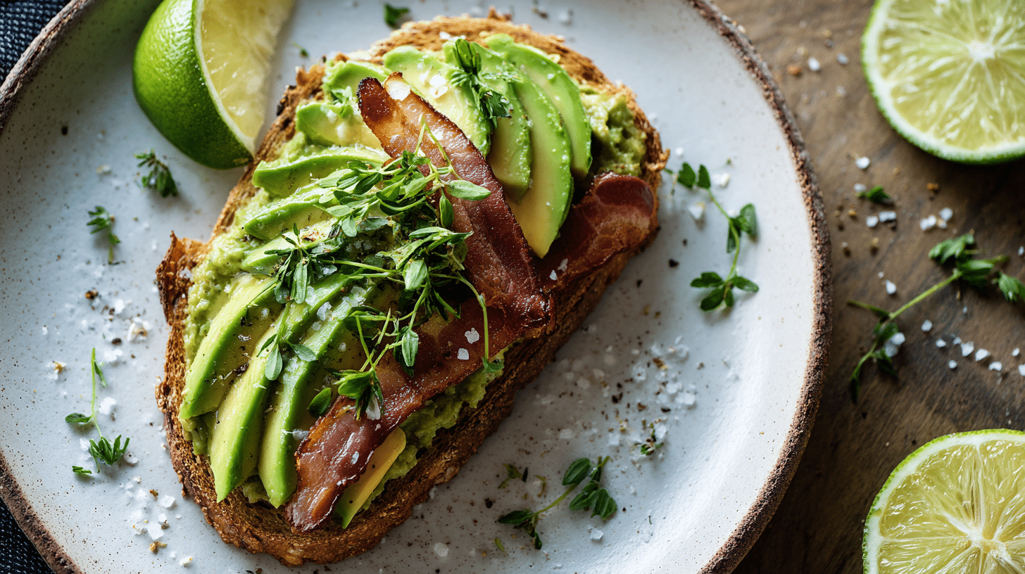 Avocado Bacon Toast With Lime and Sea Salt: Crispy, Creamy, Zesty 25 avocado bacon toast with lime and sea salt on rustic bread