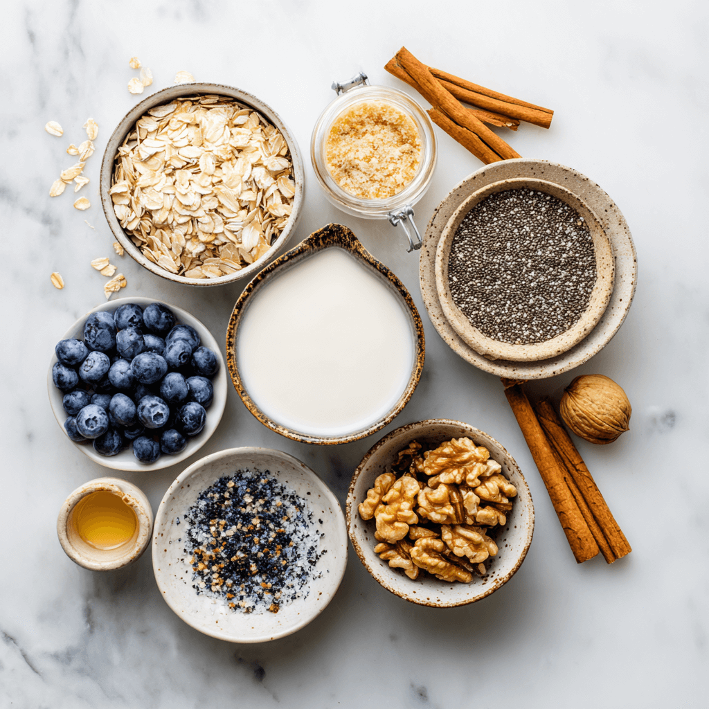 Brain‑Boosting Overnight Oats: The Smart Breakfast for Focus & Energy 18 brain-boosting overnight oats ingredients laid out