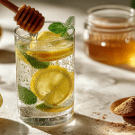 Glass of Brazilian Mounjaro drink with lemon slices, ginger powder, honey, and mint