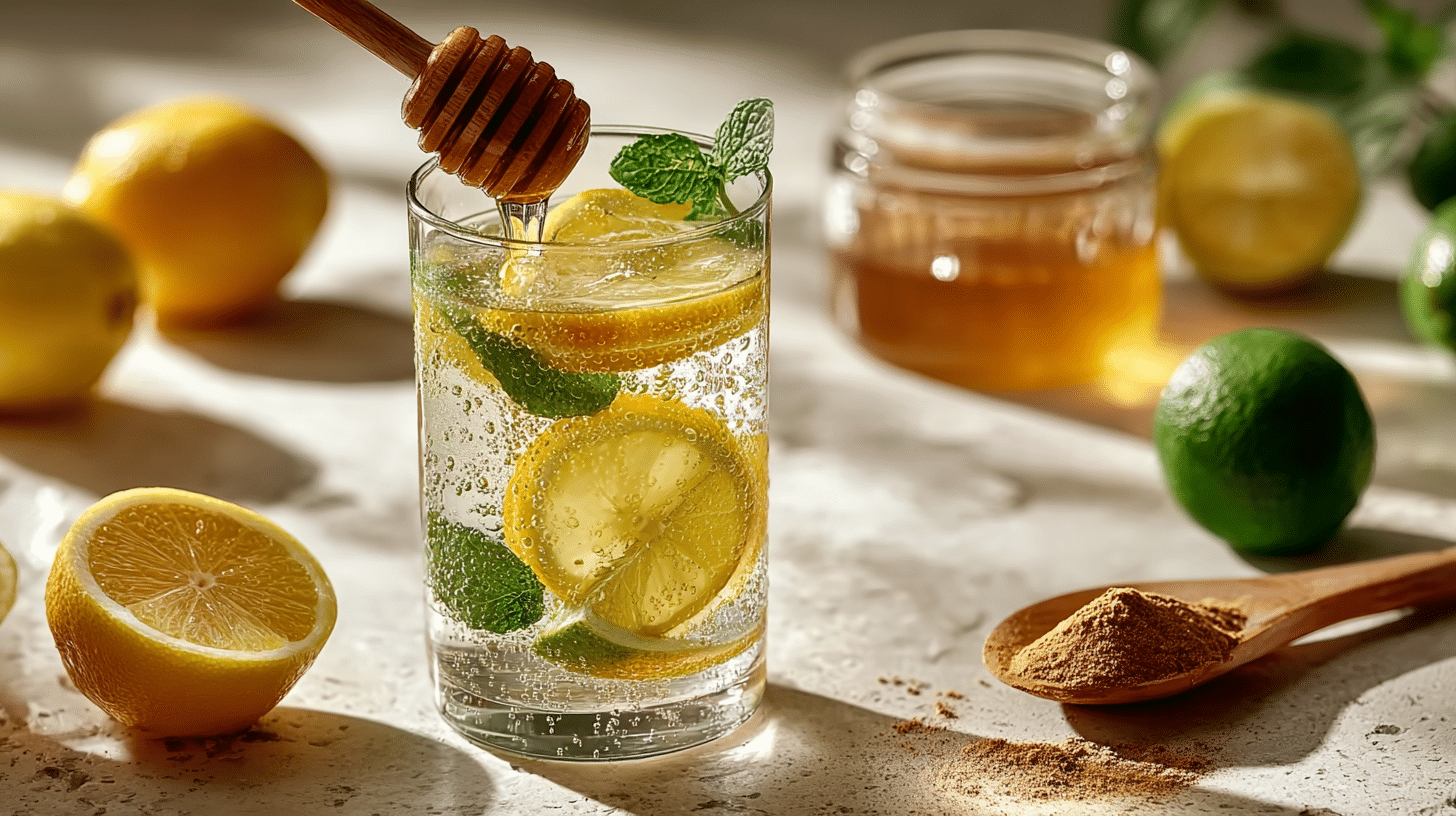 Brazilian Mounjaro Recipe: Natural Wellness Drink That Works 14 Glass of Brazilian Mounjaro drink with lemon slices, ginger powder, honey, and mint