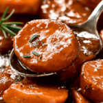 Close-up of candied sweet potatoes with glossy maple brown sugar glaze