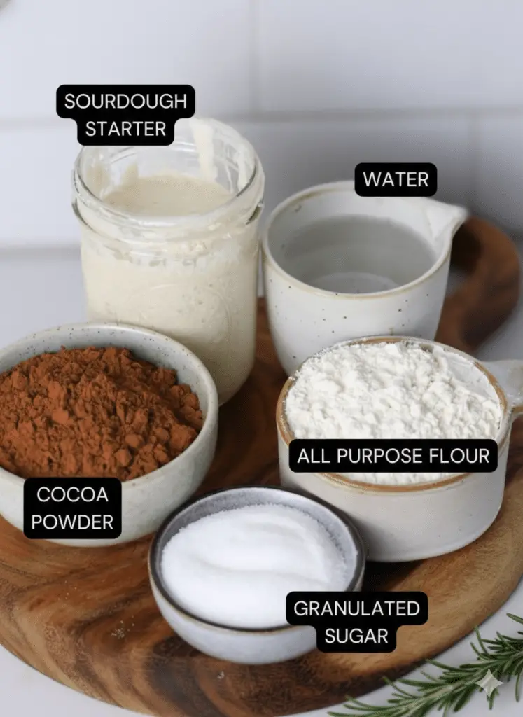 chocolate sourdough starter recipe 16 Ingredients for chocolate sourdough starter recipe including cocoa powder, sugar, flour, water, and active starter