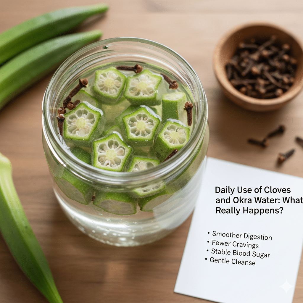Cloves and Okra Water: Benefits, Recipe & How To Use It Daily 17 Sliced okra and cloves soaking in a glass jar. Infographic explaining how drinking cloves and okra water daily supports blood sugar regulation, aids digestion with soluble fiber, and helps with weight management.