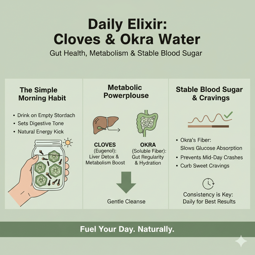 Cloves and Okra Water: Benefits, Recipe & How To Use It Daily 18 Infographic of Cloves and Okra water benefits for women, showing okra folate for conception, clove antioxidant circulation benefits, and natural relief for hormone balance and bloating.