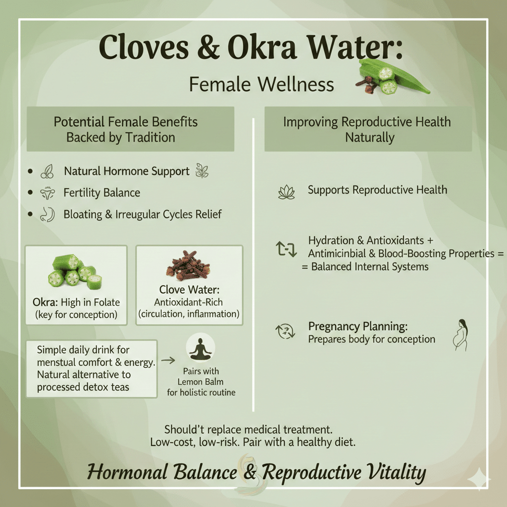 Cloves and Okra Water: Benefits, Recipe & How To Use It Daily 16 Infographic explaining the benefits of Cloves and Okra water for female wellness, including natural hormone support, fertility balance, and menstrual relief. It highlights Okra's high folate content for pregnancy planning and Clove water's antioxidant properties for circulation.