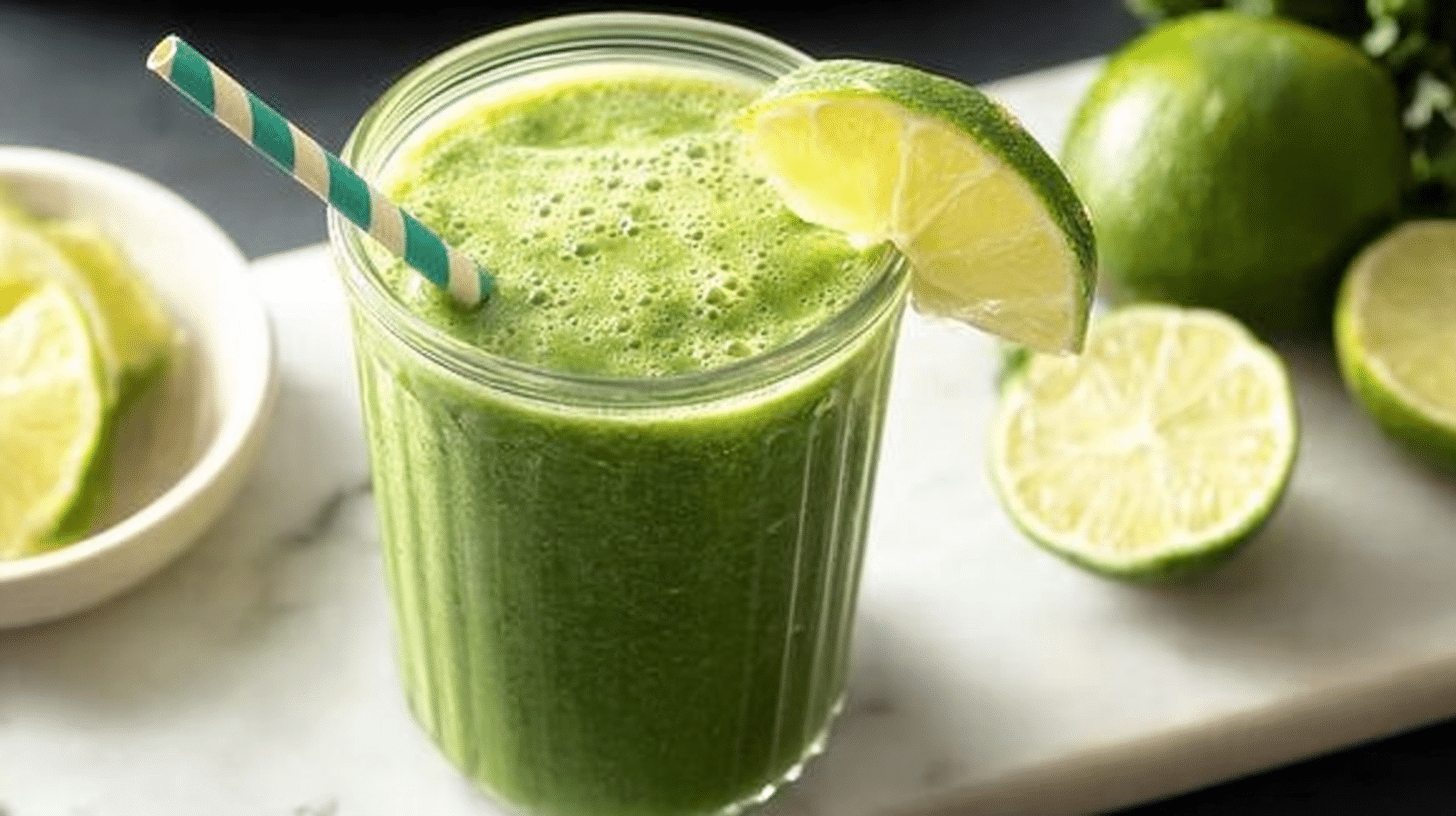 Detox Smoothie: Easy Recipe for Energy, Digestion & Weight Loss 16 detox smoothie in a glass with lime garnish