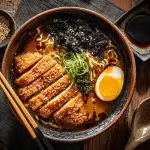 Katsu chicken ramen noodle soup with crispy chicken, miso broth, and soft-boiled egg