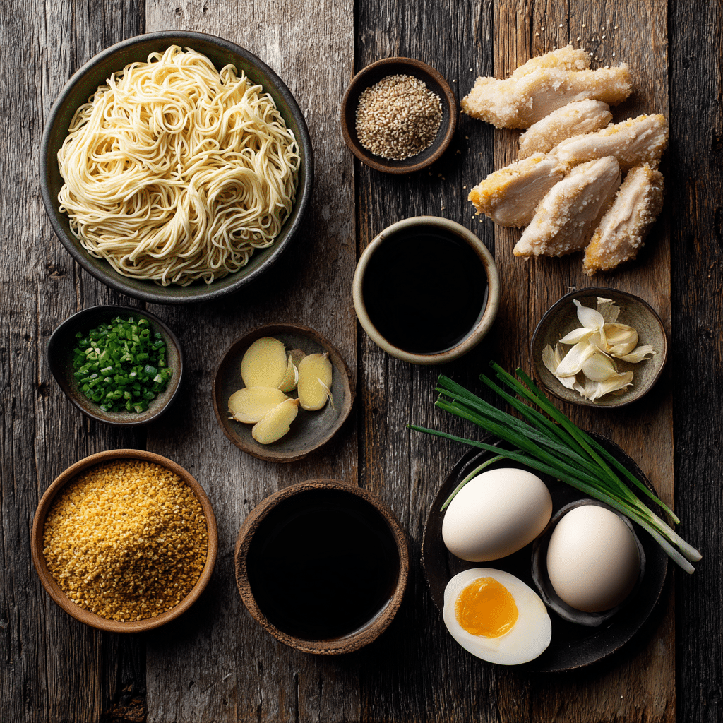 Katsu Chicken Ramen Noodle Soup That’s Crispy, Cozy & So Satisfying 32 Flat-lay of katsu chicken ramen noodle soup ingredients on rustic wood