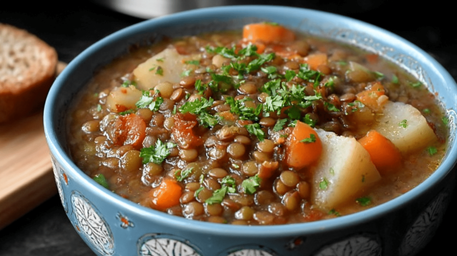 Lentil Stew Slow Cooker Recipe for Cozy Meal Prep Comfort 28 Served lentil stew in a bowl with garnish