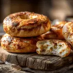 Freshly baked Apple Cinnamon Yogurt Bagels with golden crust, cinnamon swirls, and juicy apple chunks on rustic wooden board