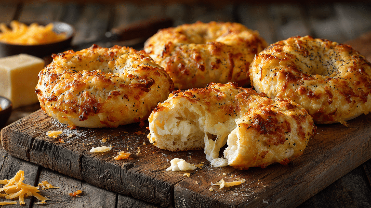 Asiago Cheese Yogurt Bagels: Easy 4-Ingredient Dough Recipe 18 Four golden brown Asiago Cheese Yogurt Bagels with crispy cheese, one sliced open, on a wooden board.