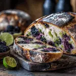 A sliced loaf of homemade Blackberry Lime Sourdough Bread with a dark, blistered crust and an open crumb filled with whole blackberries and lime zest.