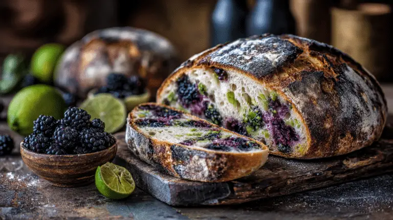 A sliced loaf of homemade Blackberry Lime Sourdough Bread with a dark, blistered crust and an open crumb filled with whole blackberries and lime zest.
