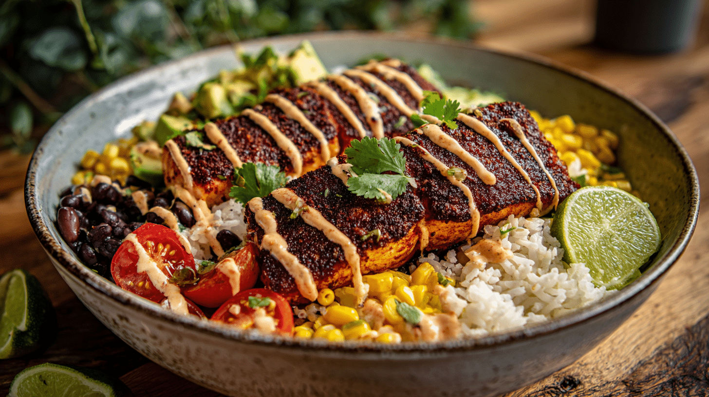 Blackened Salmon Bowl: 35-Minute Quick & Healthy Dinner (with White or Jasmine Rice) 33 Blackened Salmon Bowl with rice, avocado, and cilantro.