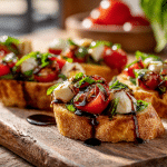 Finished Caprese Mozzarella Bruschetta appetizer.