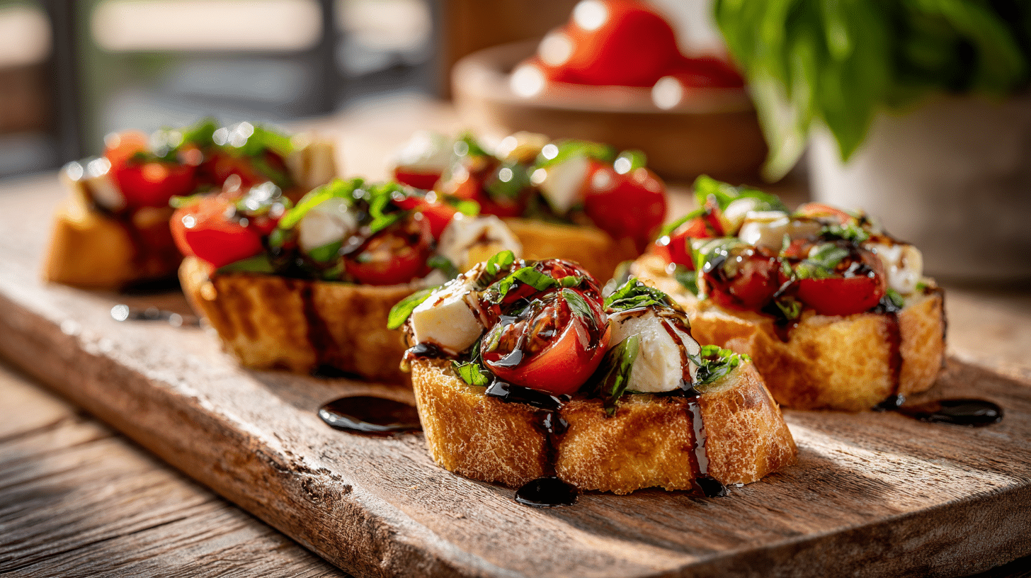 Caprese Mozzarella Bruschetta: 23-Minute Easy Appetizer 18 Finished Caprese Mozzarella Bruschetta appetizer.