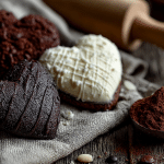 Close-up of decorated chocolate heart-shaped cookie with icing