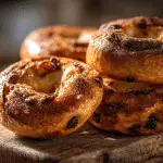 Freshly baked, golden brown Cinnamon Raisin Yogurt Bagels on a wooden board.