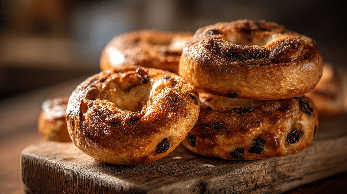 Easy Cinnamon Raisin Yogurt Bagels: High Protein Breakfast 22 Freshly baked, golden brown Cinnamon Raisin Yogurt Bagels on a wooden board.