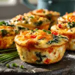 Golden Greek Yogurt Protein Egg Bites with cheese and vegetables.